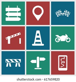 Road icons set. set of 9 road filled icons such as direction   isolated, cone barrier, barrier, road barrier, finish flag, motorbike, map location, direction