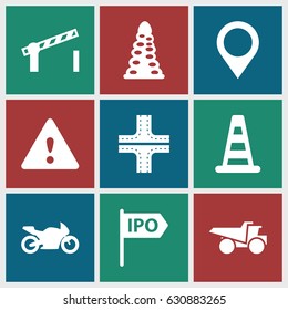 Road icons set. set of 9 road filled icons such as cone barrier, tunnel, truck, warning, motorbike, map location