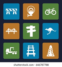 Road icons set. set of 9 road filled icons such as kangaroo, tunnel, barrier, truck with hook, bicycle, railway, bridge, street lamp