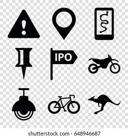 Road icons set. set of 9 road filled icons such as kangaroo, pin, street lamp, warning, motorbike, map location, direction, bicycle