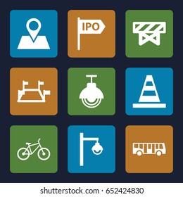 Road icons set. set of 9 road filled icons such as airport bus, barrier, cone, location pin, street lamp, bicycle, direction