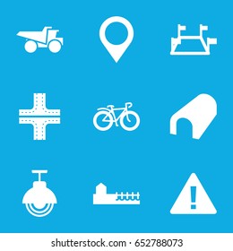 Road icons set. set of 9 road filled icons such as tunnel, road, truck, bicycle, avenue, street lamp, map location, locations