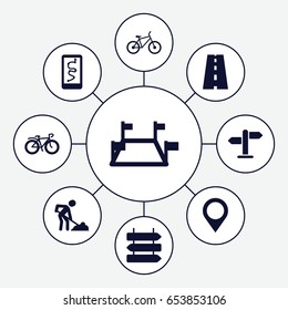 Road icons set. set of 9 road filled icons such as direction   isolated, digging man, bicycle, road, map location, direction, locations