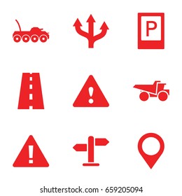 Road icons set. set of 9 road filled icons such as parking, truck, road, warning, map location, direction, military car