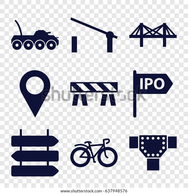 Road icons set. set of 9 road filled icons such as\
barrier, direction   isolated, road, bicycle, bridge, direction,\
location pin