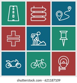 Road icons set. set of 9 road outline icons such as direction   isolated, road, pin, digging man, distance, street lamp, motorbike