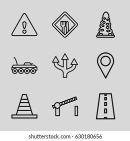 Road icons set. set of 9 road outline icons such as tunnel, cone, restaurant, warning, location pin, military car