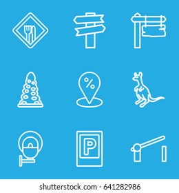 Road icons set. set of 9 road outline icons such as parking, cangaroo, tunnel, direction board, barrier, restaurant, street lamp, sale location