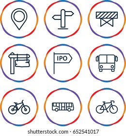 Road icons set. set of 9 road outline icons such as airport bus, barrier, direction board, map location, direction