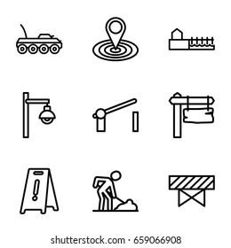 Road icons set. set of 9 road outline icons such as barrier, wet floor, map location, digging man, direction board, avenue, street lamp