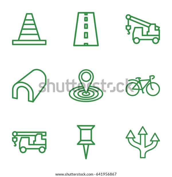 Road icons\
set. set of 9 road outline icons such as tunnel, pin, map location,\
cone, truck with hook, bicycle,\
road
