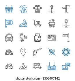 road icons set. Collection of road with gps, metro, bus, position, bicycle, rolling wheel, collision, parking, pin, maps, street map, cones. Editable and scalable road icons.