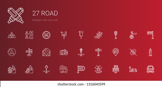 road icons set. Collection of road with gps, wrong way, caravan, stop sign, landslide, place, subway, street lamp, location, signpost, navigator. Editable and scalable road icons.