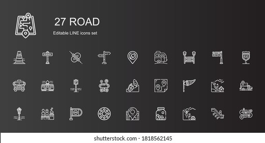 road icons set. Collection of road with landslide, cones, location, rolling wheel, wrong way, men only, street lamp, wind sign, route, school bus. Editable and scalable road icons.