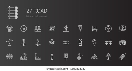 road icons set. Collection of road with position, unicycle, parking, marker, bumper, earthquake, subway, location, sportswear, tire, place, stop sign. Editable and scalable road icons.