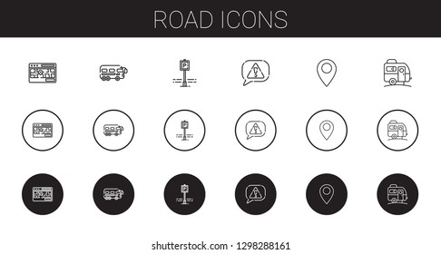 road icons set. Collection of road with street map, bus, parking, risk, pin, caravan. Editable and scalable road icons.