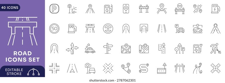 Road icons set. Containing street, highway, traffic light, signpost, parking, crosswalk, roundabout, Etc. Editable stroke