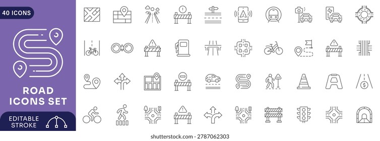 Road icons set. Containing street, highway, traffic light, signpost, parking, crosswalk, roundabout, Etc. Editable stroke