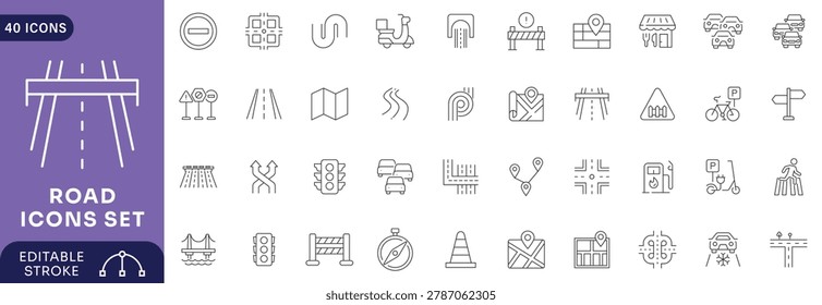 Road icons set. Containing street, highway, traffic light, signpost, parking, crosswalk, roundabout, Etc. Editable stroke
