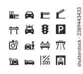 Road icons set. High-speed toll road. Freeway. Checkpoint. Infrastructure and service. Road with a dividing strip and interchanges. Payment terminal, barrier. Black and white style