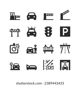 Road icons set. High-speed toll road. Freeway. Checkpoint. Infrastructure and service. Road with a dividing strip and interchanges. Payment terminal, barrier. Black and white style