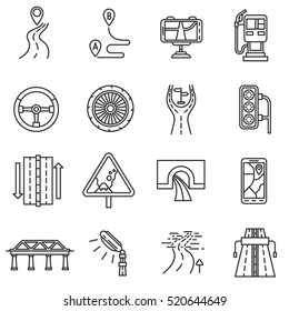 Road icons set. Highway, thin line design. The road to wheeled vehicle, linear symbols collection. Driving on the road, isolated vector illustration