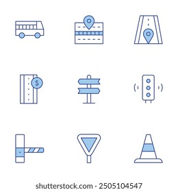 Road icons set. Line Duotone style, editable stroke. toll, traffic lights, traffic cone, signs, yield, road trip.