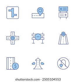 Road icons set. Line Duotone style, editable stroke. no turn, placeholder, roundabout, toll road, intersection, growth, road barrier, park, road.