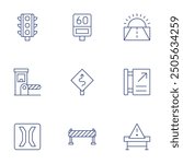 Road icons set. Thin Line style, editable stroke. narrow bridge, toll, traffic light, road sign, speed radar, diagonal arrow, barrier, road.