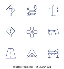 Road icons set. Thin Line style, editable stroke. frost, sign, bridge road, fence, t junction, destination, roundabout, trip.