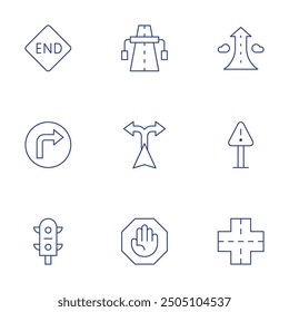 Road icons set. Thin Line style, editable stroke. end, turn left, traffic lights, growth, warning sign, road, highway, stop sign, directions.