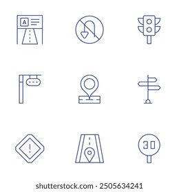 Road icons set. Thin Line style, editable stroke. no turn, road, placeholder, signals, traffic lights, speed limit, trafficlights, advertisement, caution.