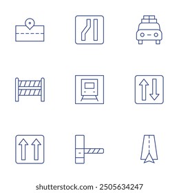 Road icons set. Thin Line style, editable stroke. narrow, toll road, train, road, one way, barrier, two ways, holidays, navigation.