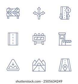 Road icons set. Thin Line style, editable stroke. pothole, barrier, choice, road, toll.