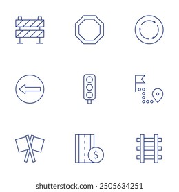 Road icons set. Thin Line style, editable stroke. right, flags, road sign, stop, toll road, traffic lights, railway, roundabout, distance.