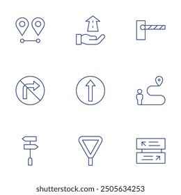 Road icons set. Thin Line style, editable stroke. no turn right, distance, panel, straight, future, yield, route, parking barrier, direction.
