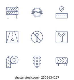 Road icons set. Thin Line style, editable stroke. no straight, stop sign, traffic lights, intersection, road, road barrier, police line, traffic barrier.