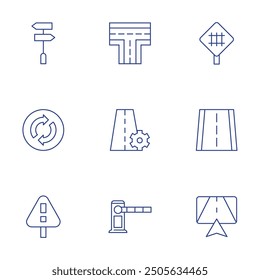 Road icons set. Thin Line style, editable stroke. toll road, navigator, road, settings, panel, roundabout, warning, railway.