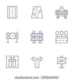 Road icons set. Thin Line style, editable stroke. motorway, road signs, two ways, barrier, impediment, road block.