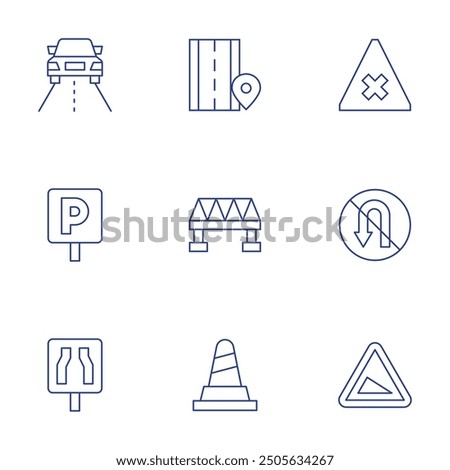 Road icons set. Thin Line style, editable stroke. narrow road, parking, drive, alert, u turn, slope, bridge, cone, road.