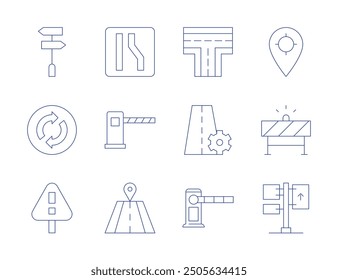 Road icons. Thin Line style, editable stroke. toll road, narrow, road, road barrier, tracking, directions, barrier, settings, panel, roundabout, warning.