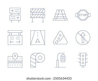 Road icons. Thin Line style, editable stroke. police line, traffic barrier, road, traffic light, falling rocks, traffic cone, directional sign, park.