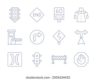 Road icons. Thin Line style, editable stroke. end, turn left, traffic lights, highway, stop sign, directions, narrow bridge, toll, traffic light, road sign, speed radar.