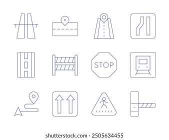 Road icons. Thin Line style, editable stroke. narrow, toll road, train, zebra crossing, road, one way, barrier, placeholder, stop, highway.