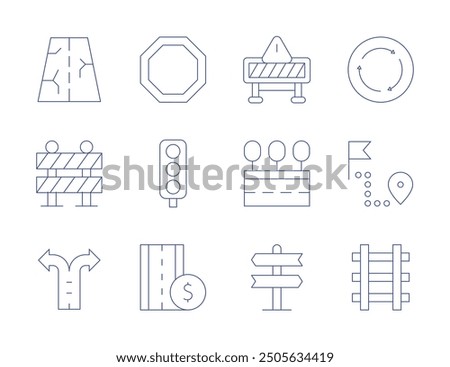 Road icons. Thin Line style, editable stroke. road signs, stop, toll, traffic lights, two ways, railway, roundabout, distance, impediment, block.