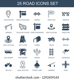 road icons. Trendy 25 road icons. Contain icons such as location pin, direction board, bridge, direction, barrier, truck with hook, map location. road icon for web and mobile.