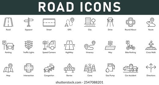 Road Icons vector illustration with thin line editable stroke containing signpost street GPS city roundabout route parking traffic lights high way cross walk map intersection barrier cone