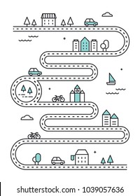 Straßenkarte mit Stadtgebäuden und Verkehr. Vector Infografik Design.