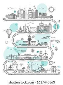 Road Illudtrated Map with Town Buildings and Transport. Vector Infographic Design