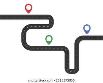 Road illustration with location pointers. Winding path, flat vector drawing.